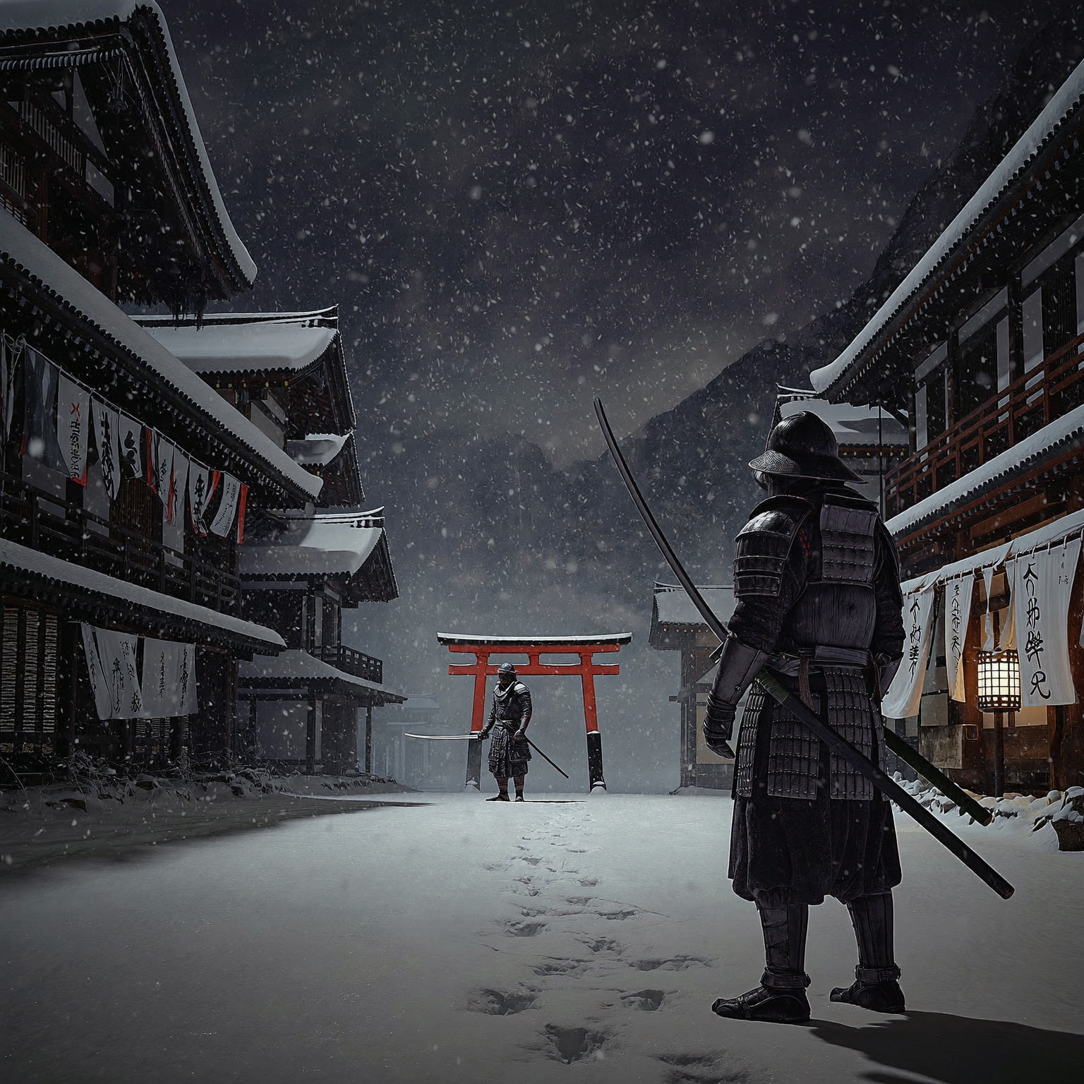 Two samurai facing each other in a snowy Japanese village