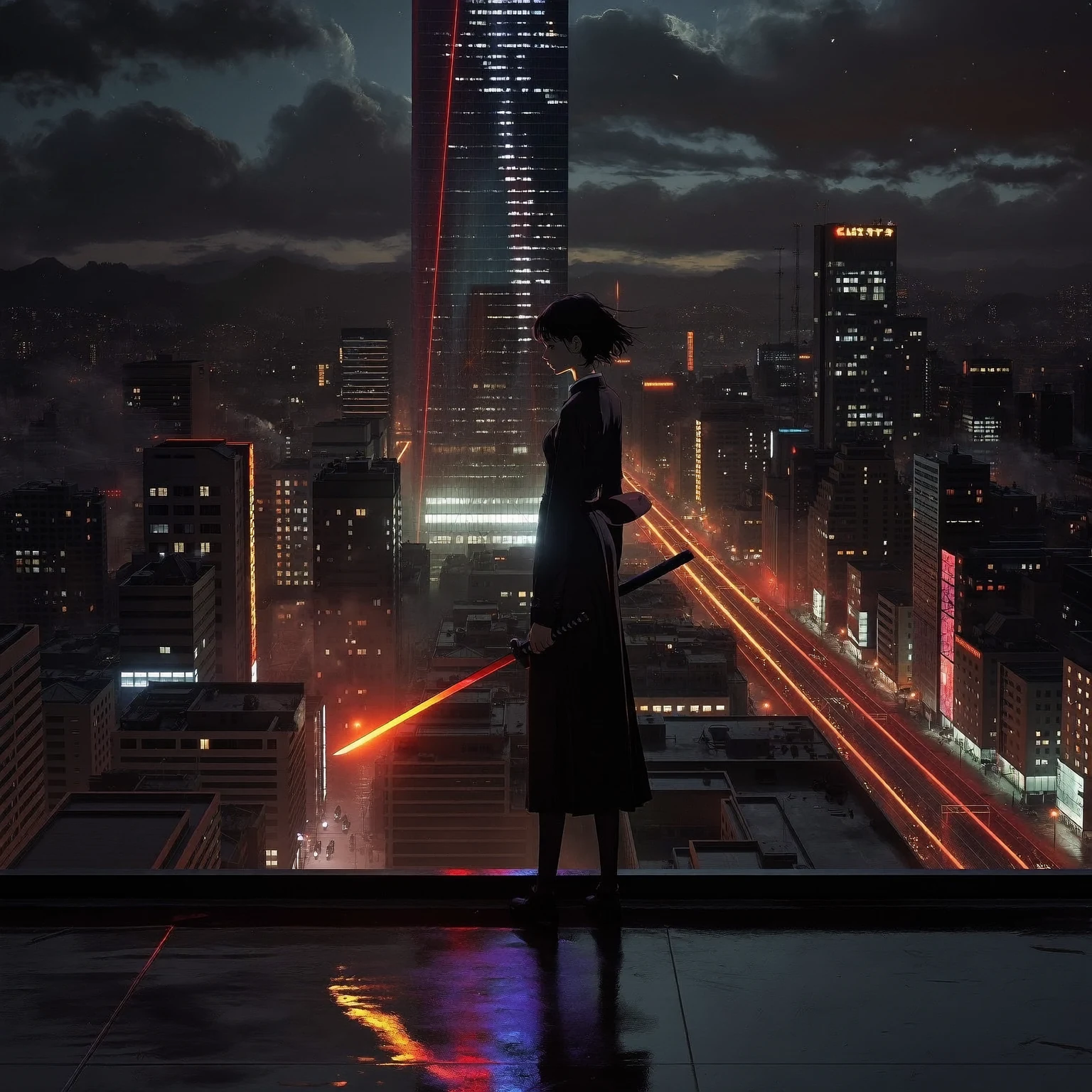 Anime-style swordswoman overlooking a futuristic city at night