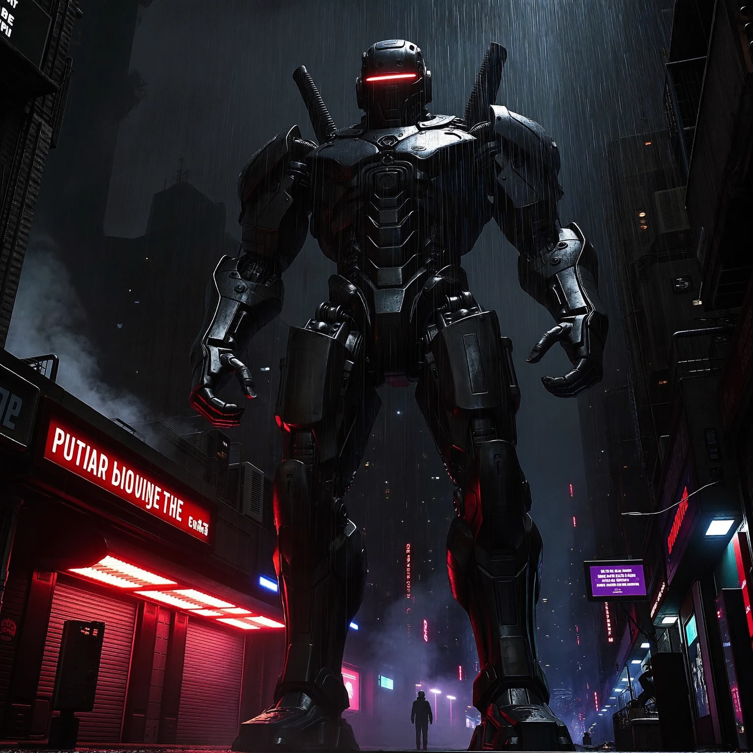 Colossal black humanoid mech above a lone person in a rain-soaked neon megacity