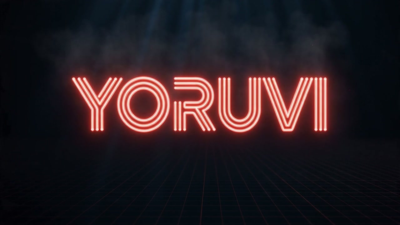 Yoruvi wordmark emerging through vermilion neon light and smoke